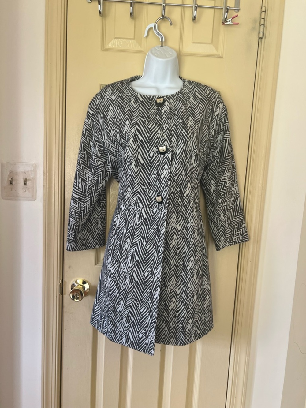 CAbi Black and White Chevron-Patterned Long Pea Coat